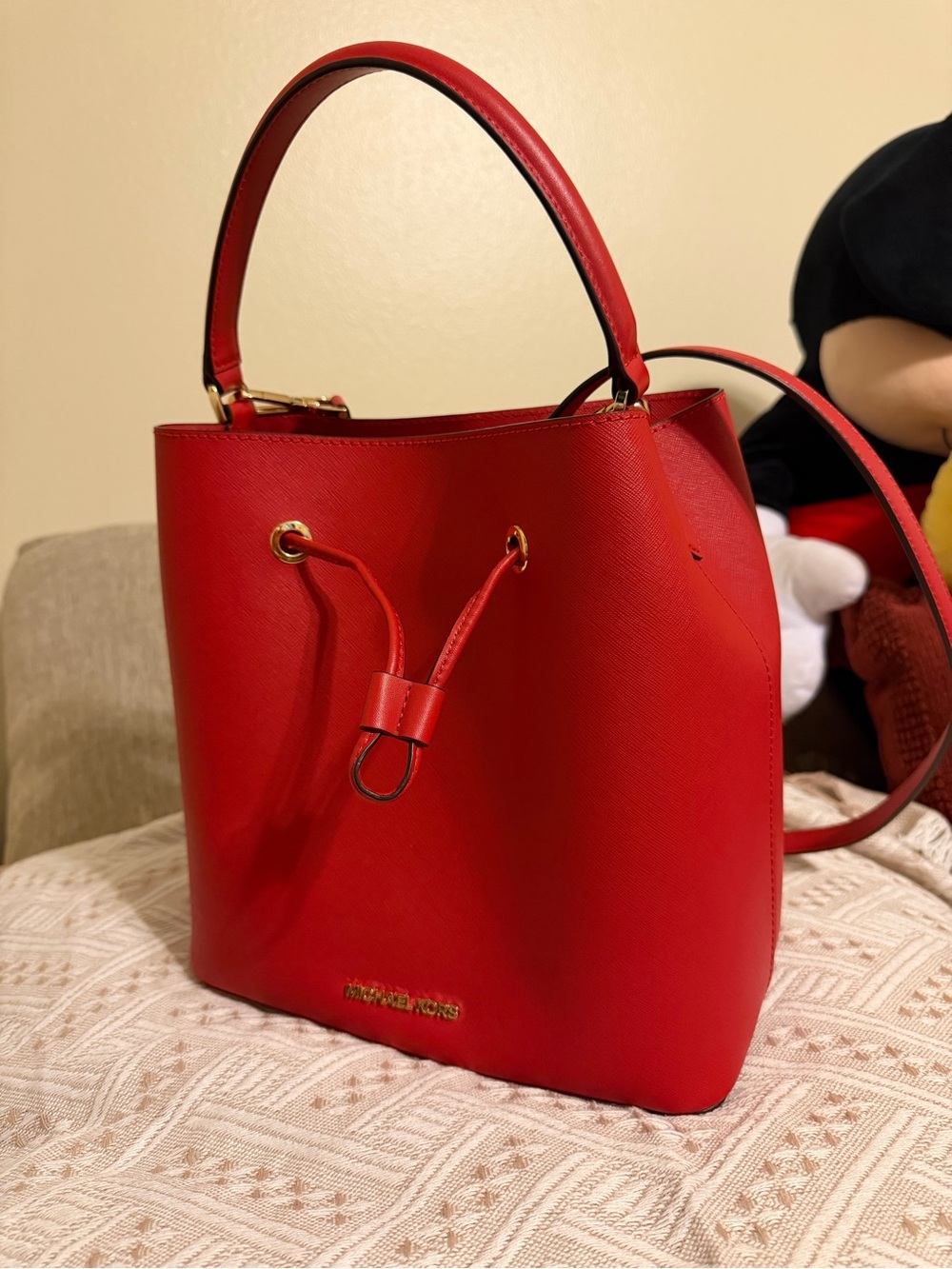 Michael Kors Red Saffiano Leather Drawstring Satchel